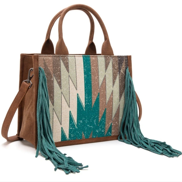 Montana West Southwestern Fringe Concealed Carry Tote Set, Teal - Picture 6 of 8